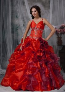 2013 Red Ball Gown Straps Beaded Dresses for Quince with Ruffles in Organza